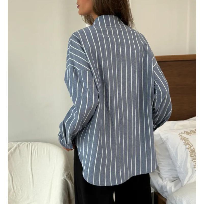 Womens Striped Long Sleeve Loose Button Down Shirt