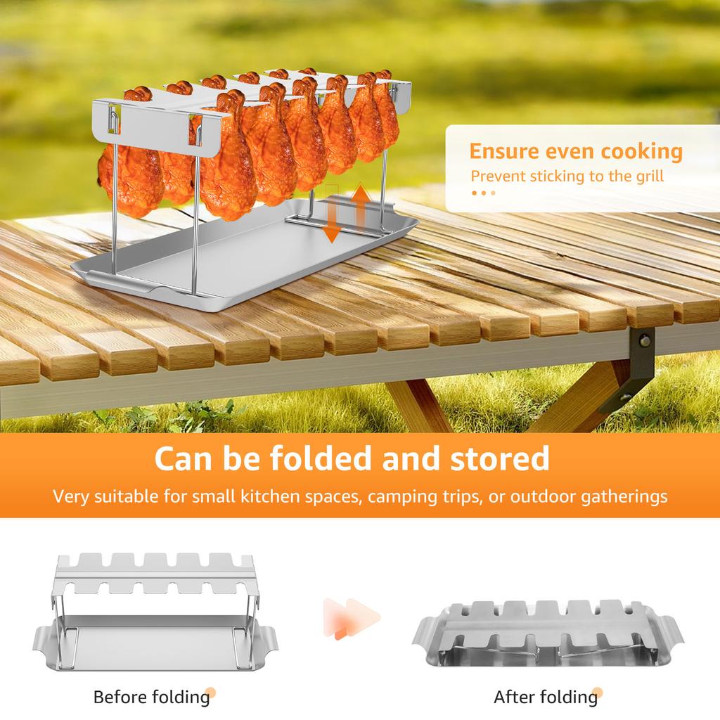 Chicken Leg Rack for Grill Barbecue Cooking Rack Stainless Steel Chicken Wing Rack with Drip Tray Folding BBQ Drumstick Stand