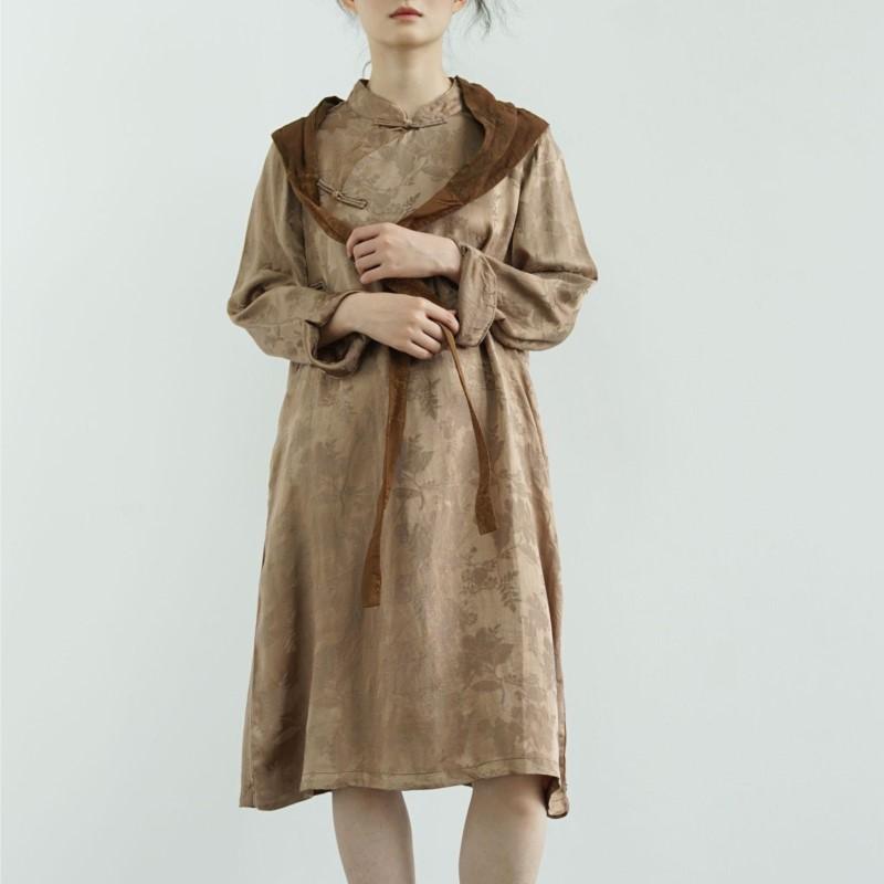 Johnature Women Vintage Stand Long Sleeve Dresses Chinese Style Button Jacquard A-Line Summer High Quality Dress