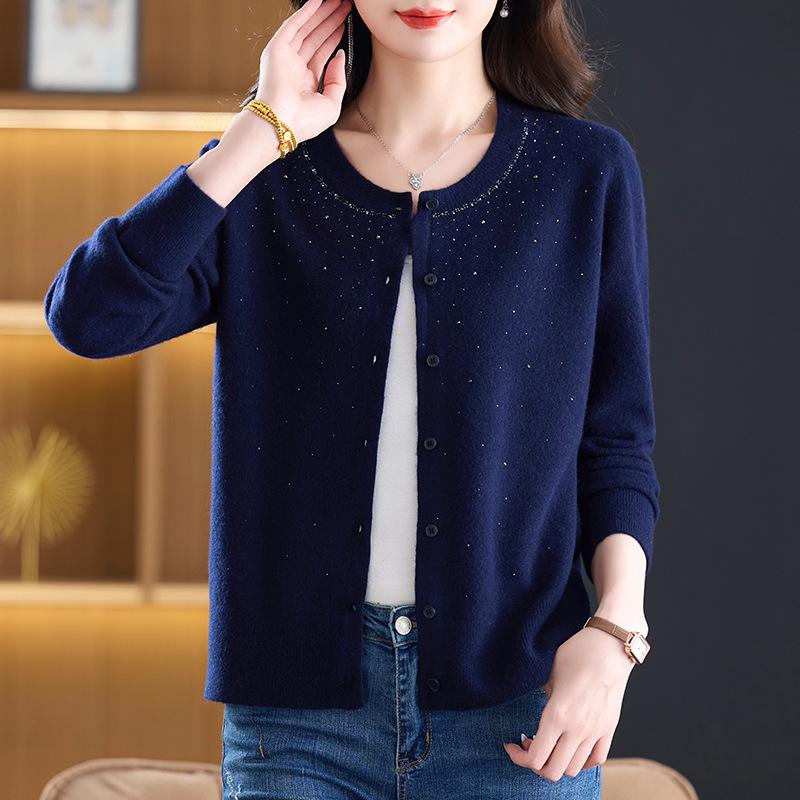 Women's Pure Wool Knit Cardigan - Spring Fashion Casual Round Neck Sweater for Middle-aged Mothers, Autumn/Winter Outerwear
