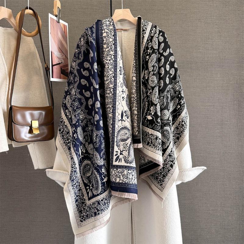 Autumn Retro Splicing Contrasting Cashew Flower Jacquard Scarf Women's Versatile Thickened Warm Neck Scarf Shawl