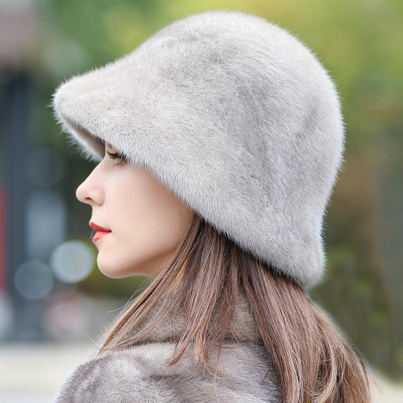 Mink hair mink hat women's autumn and winter warm whole mink fur bucket hat winter fashion middle-aged and young fur hat