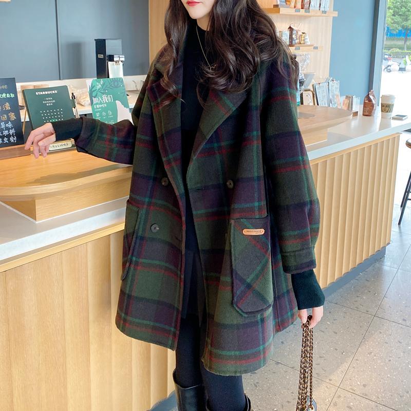 Green Plaid Double Breasted Coat Women
