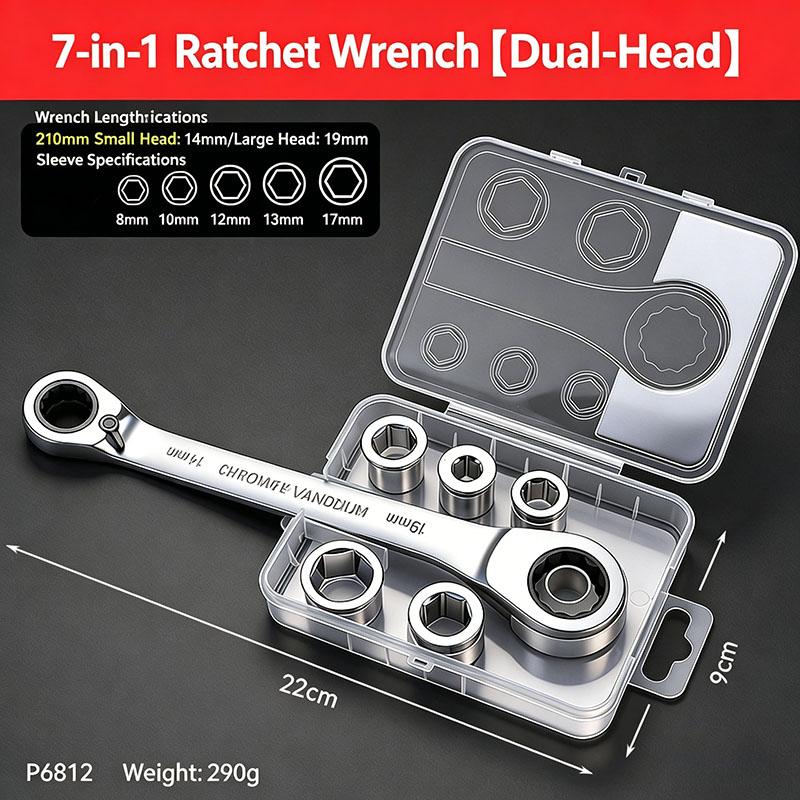 7-in-1 Double Head Ratchet Wrench Set with Interchangeable Shaking Heads Flexible Joint Removable Socket for Multi Size Tasks