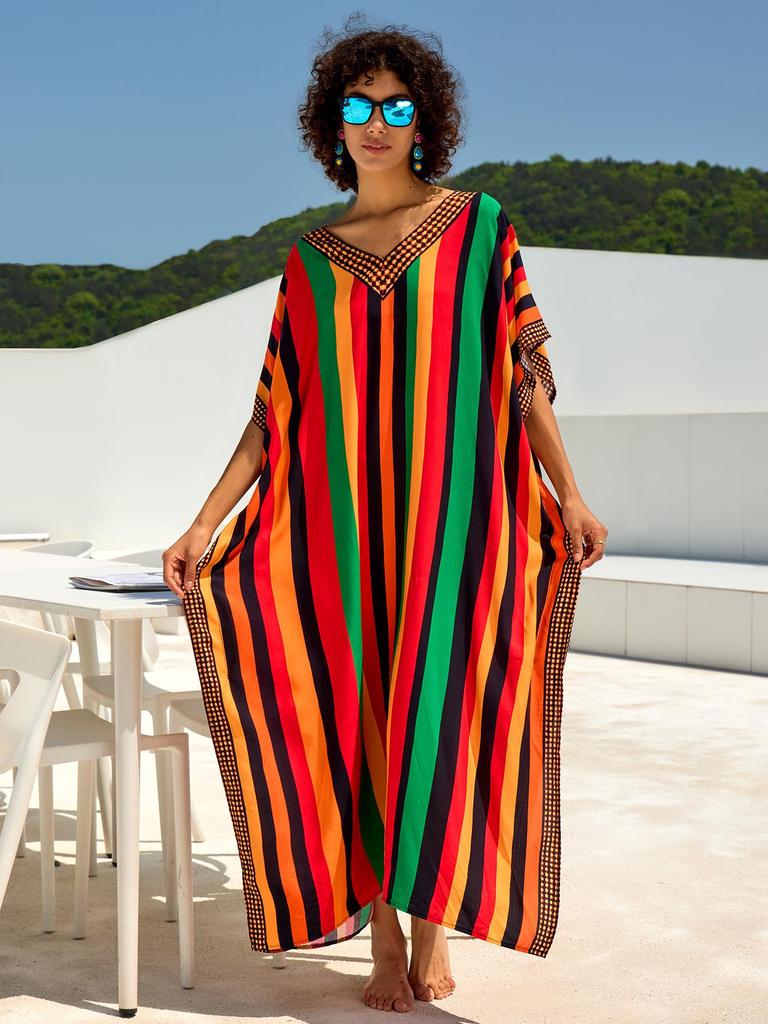 European & American Cotton Print Beach Cover-Up Long Dress - Plus Size Swimsuit Sunscreen Robe