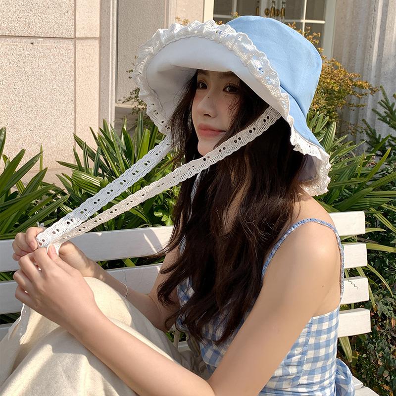 Lace Big Brim Denim Bucket Hat Girls Spring and Summer Face Small Sunshade Sunscreen Hat