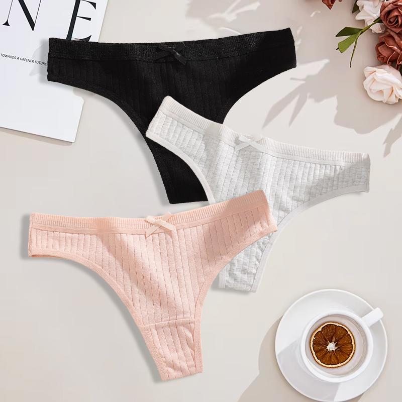Duży Rozmiar 3 Szt. Damskie Bawełniane Stringi Seksowne Prążkowane Oddychające Majtki Codzienna Urocza Bielizna z Kokardką Dziewczęca Niska Talia G-String Lingerie