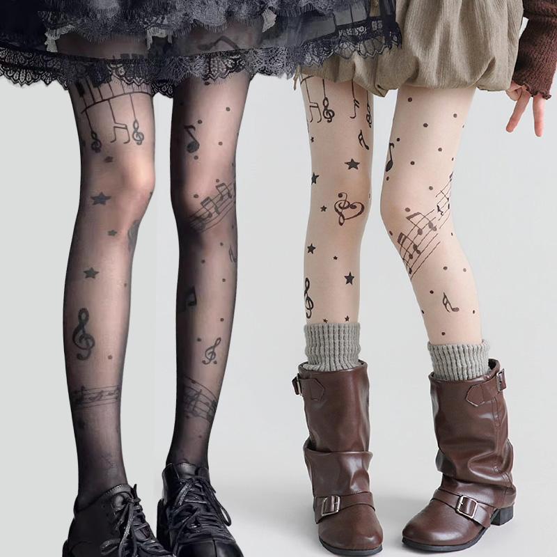 Vintage Y2K Lolita Music Note Piano Print Pantyhose for Women Sexy Stockings Korean Sweet Cool Hosiery Thin High Elastic Socks