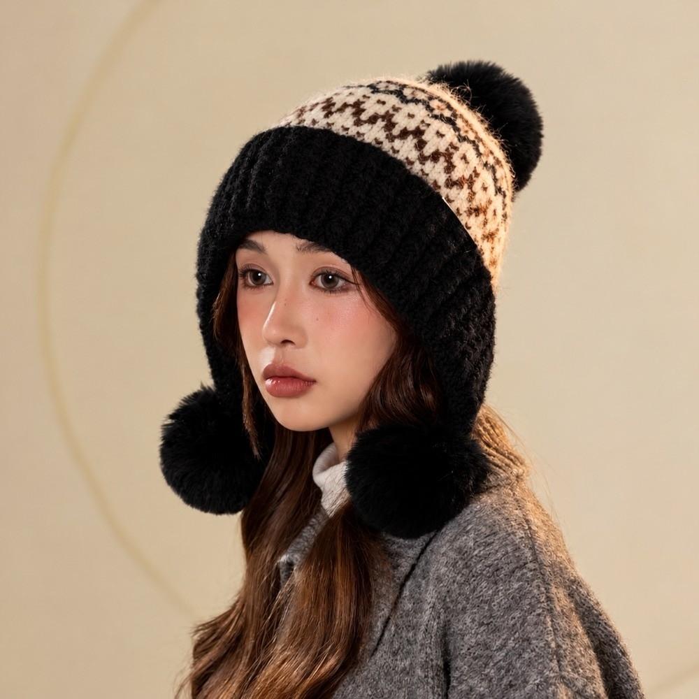 Cute Style Knit Beanie Hat Fleece Lined Winter Earflap Cap Jacquard Pullover Bonnet Students