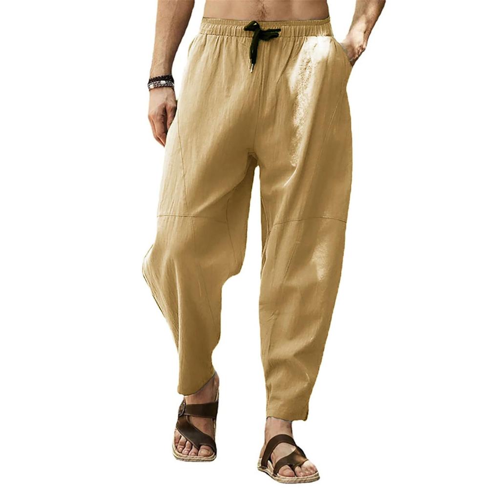 (SU)Pantalon décontracté ample et confortable pour hommes, pantalon décontracté en coton et lin avec cordon de serrage