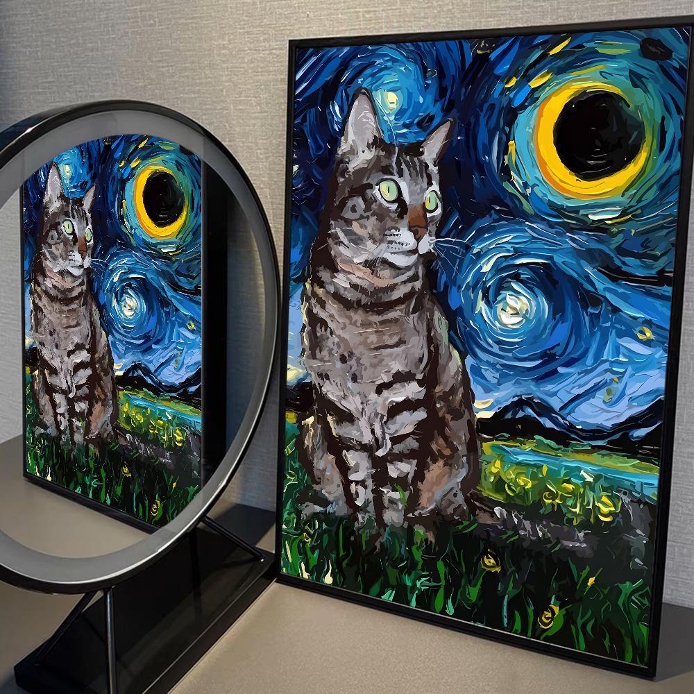 Van Gogh The Starry Night Romantic Black Cat WhitePaper Poster Sticker for Living Room Bar Decorants Aesthetic Art Wall Painting