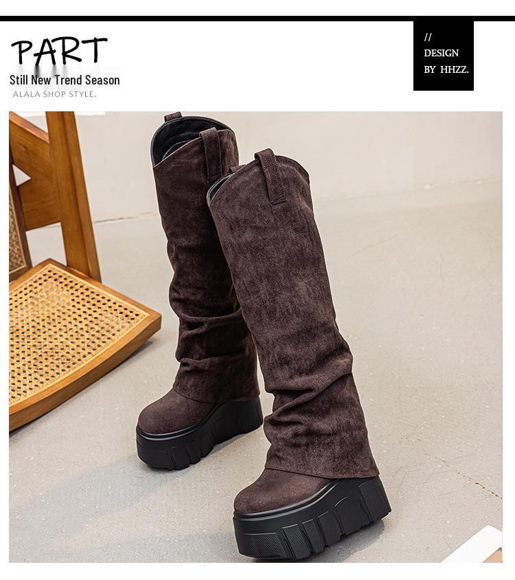 2025 Autumn/Winter Women's Ruched Suede High-Top Boots with Thick Soles and Hidden Height Increase