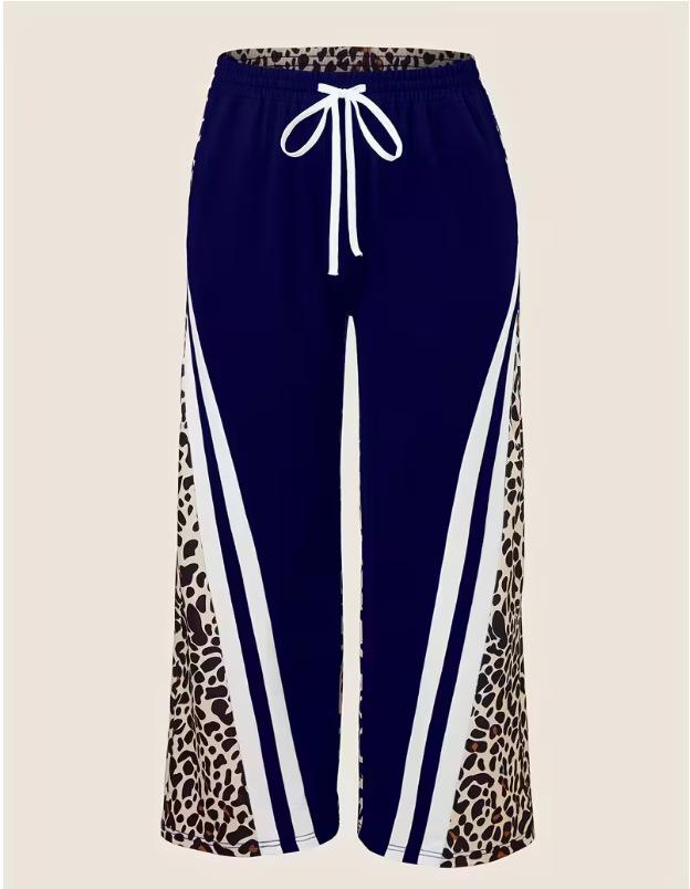 Women's High Waist Leopard Print Color Block Wide Leg Pants Casual Street Loose Trousers