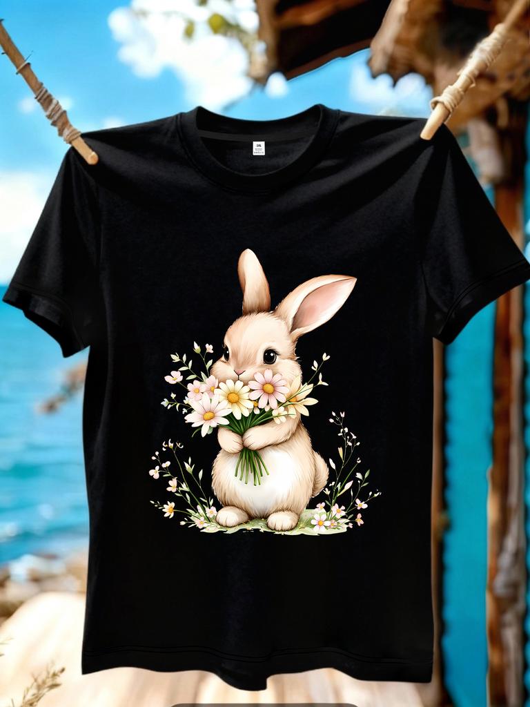 Wzm109127cute Rabbit Print Plus Size Unisexs Round Neck Summer Casual Short Sleeved Street Fashion Versatile Tshirt