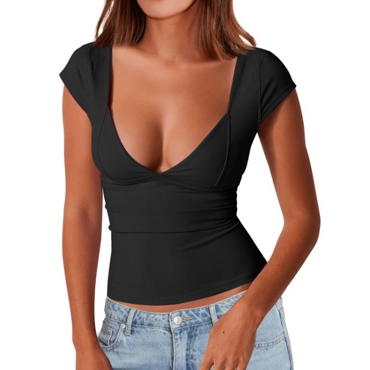 Top Camiseta Sexy Feminino Slim Decote V Profundo Costas Abertas Manga Curta