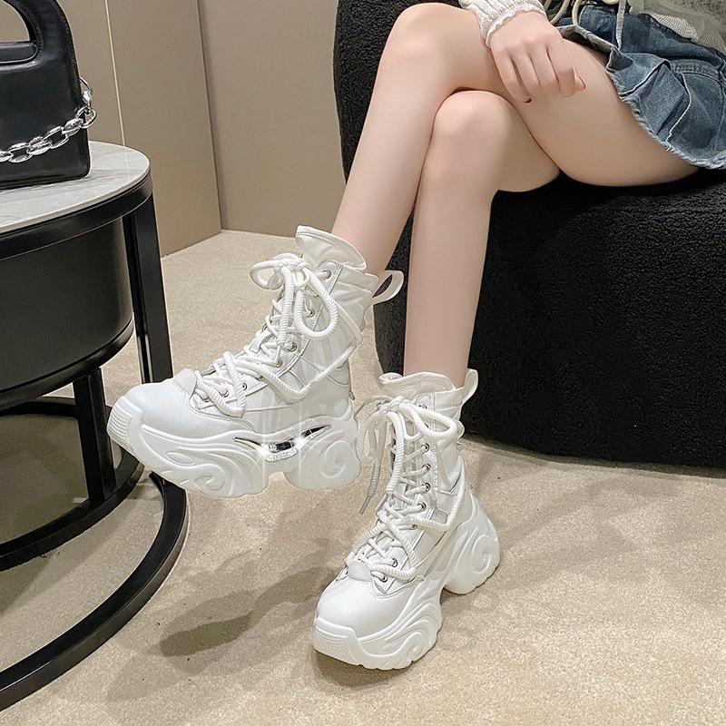 Fashion Women Ankle Boots Spring Autumn Chunky Shoes Woman High Heels Platform Breathable Sneakers Thick Sole Wedges Motorcycles Botas