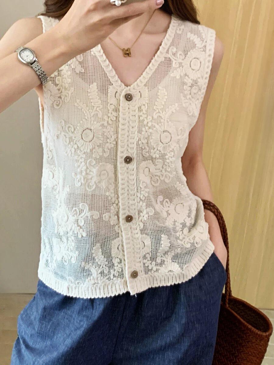 

Летний корейский трикотажный жилет-кардиган с V-образным вырезом, связанный крючком, майка для женщин One Size