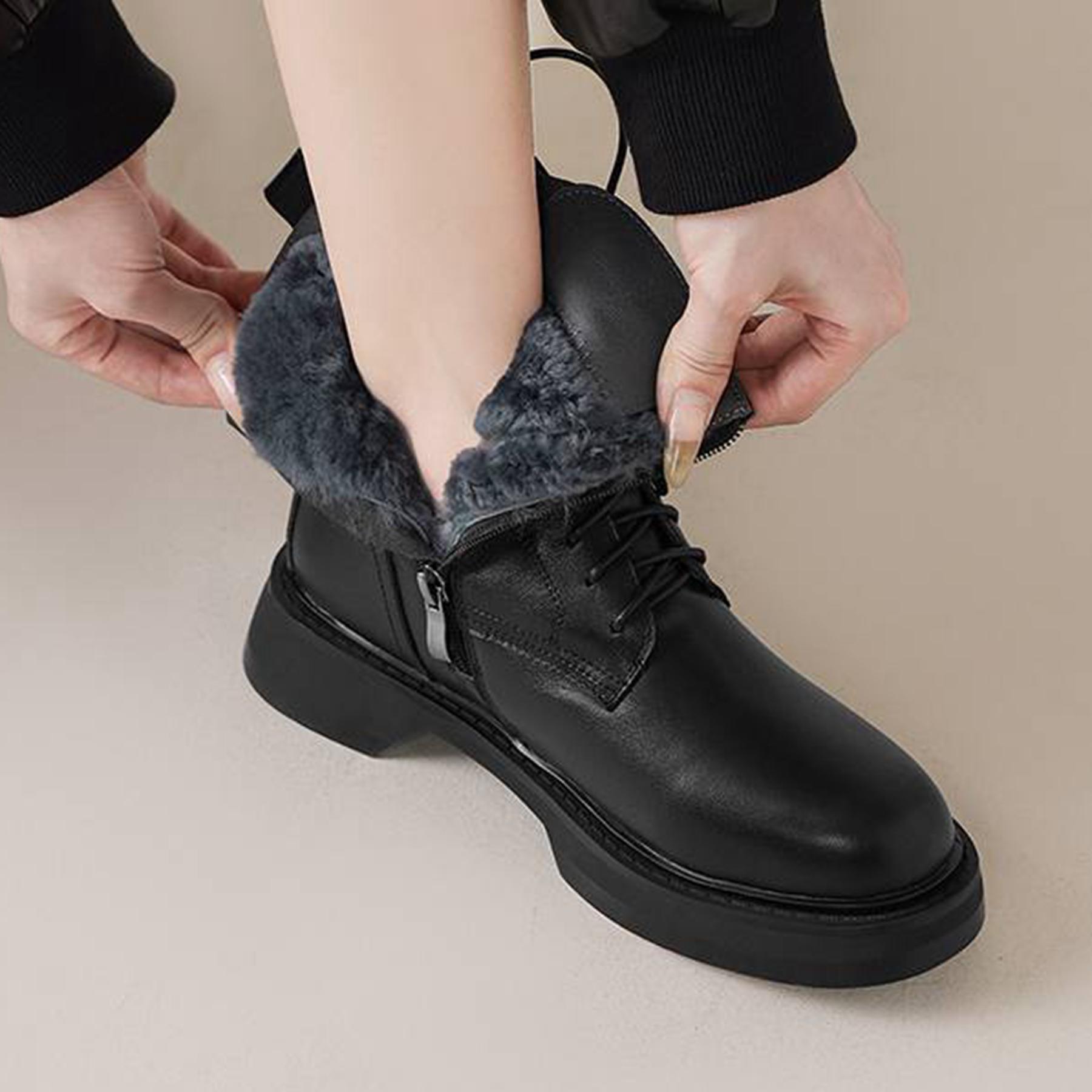 

Krazing Pot Cow Skin Natural Fur Autumn Winter Shoes Thick Heels Western Boots Round Toe Keep Warm Lace Up Ankle Boots 42