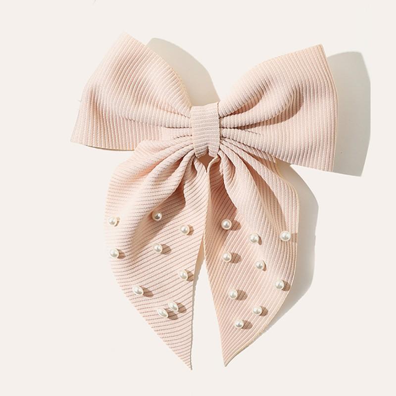 Handmade Fabric Hair Clip With Pearl Bow Ribbon Women Retro Style Back Of Head Accessory
