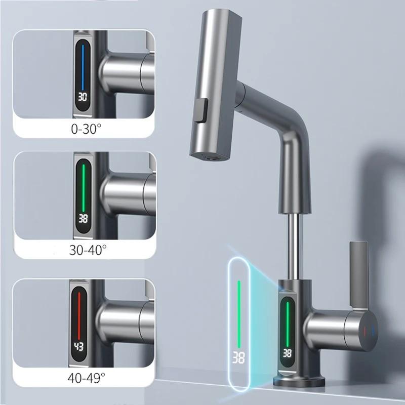 Waterfall Temperature Digital Display Basin Faucet Lift Up Down Stream Sprayer Bathroom Hot Cold Water Sink Mixer
