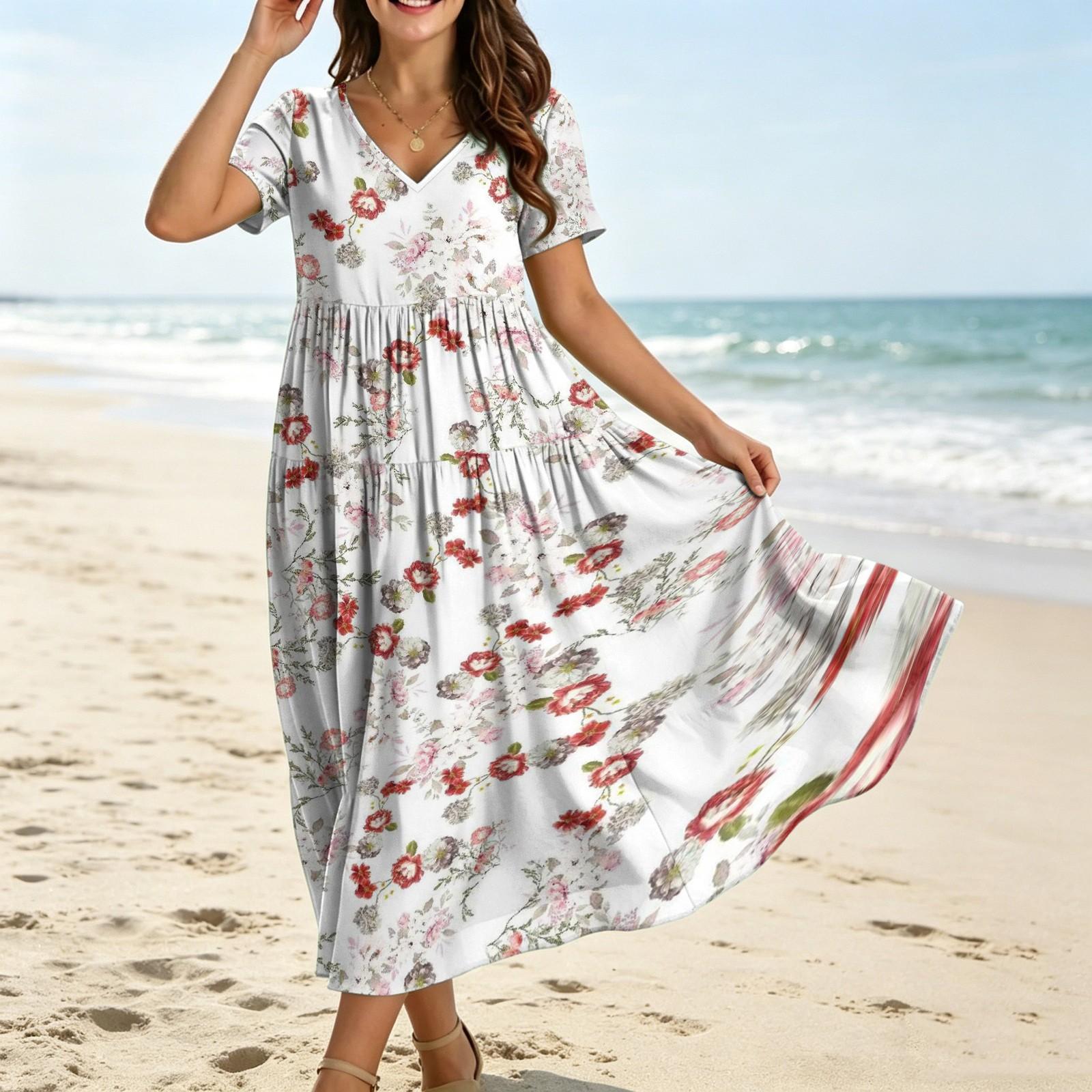 

Women Casual Loose Bohemian Floral Dress Short Sleeve Long Maxi Summer Beach Swing Dress XL