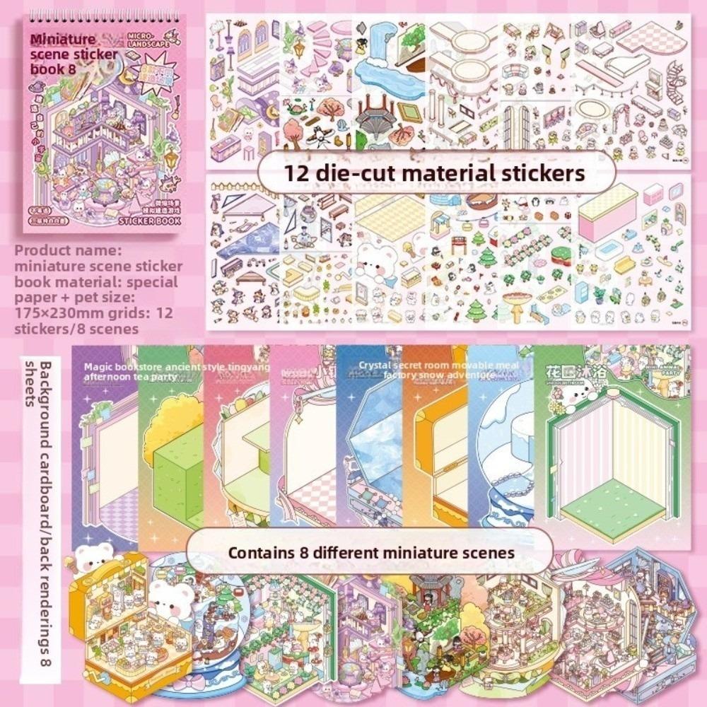 New 8.0 PET 3D Landscape Stickers 8 Scene 20 Sheets Handmade Miniature Scene Stickers Cartoon Town Sticker Book Holiday Gifts