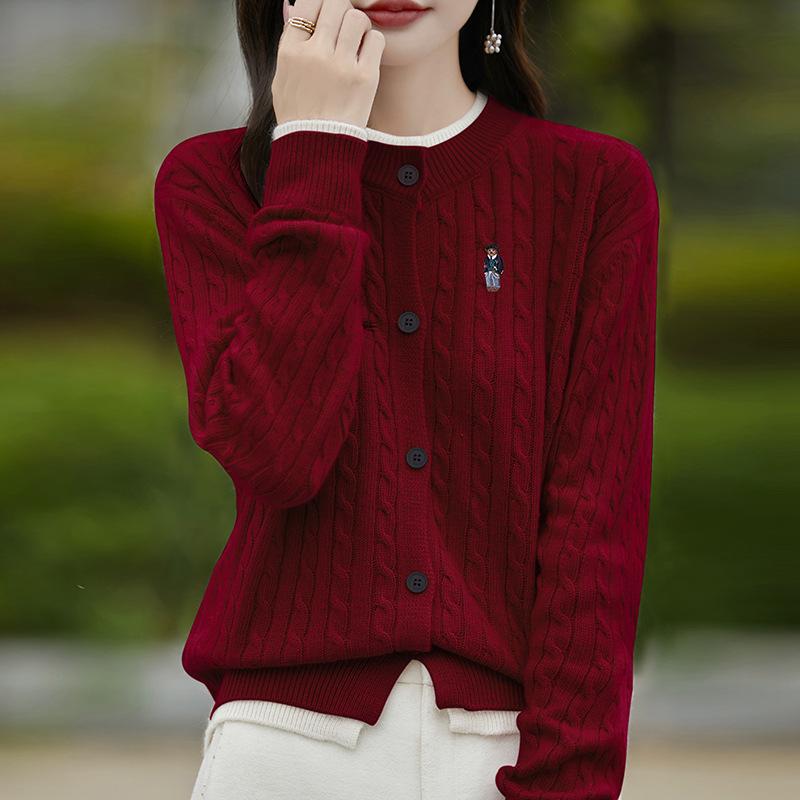 2025 Women's Fashion Color Block Knitted Cardigan: Round Neck, Fake Two-Piece, Embroidered Cable Knit Sweater