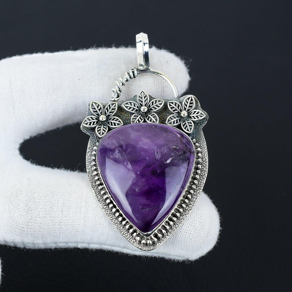 Pendentif en Argent Sterling 925 avec Pierre Précieuse Améthyste Naturelle - Design Floral Fait Main, Bijou à Porter au Quotidien, Pendentif Unique Cadeau Pour l'Amour