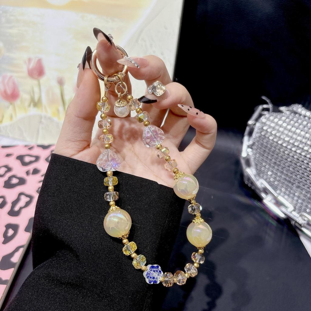 Luxus Buntes Herz Kristall Perlen Handy & Handtasche Handgelenk Lanyard Schlüsselanhänger