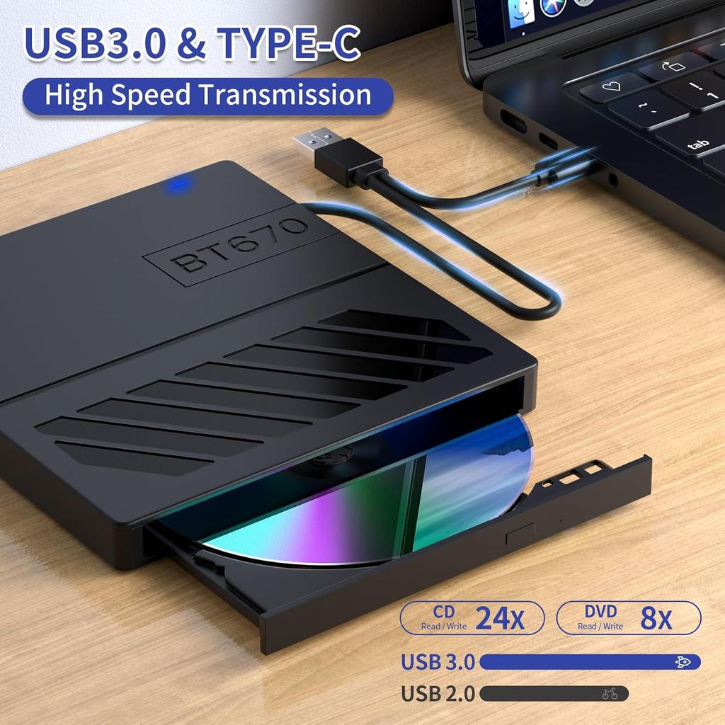 External CD/DVD Drive,USB 3.0 Portable CD DVD Burner Player with 4 USB Ports and 2 TF/SD Card Slots,Disc Drive for Laptop PC Mac