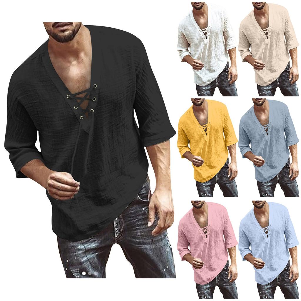 Designer Spring Summer Men's Casual Cotton Linen Solid Color Long Sleeve Shirts Loose Stand Collar Shirts