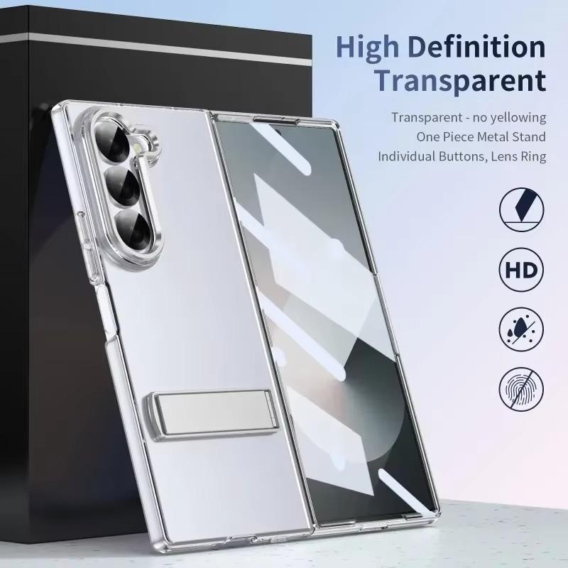 Luxury High Definition Transparent Phone Case for Samsung Galaxy Z Fold 7 6 5 4 Metal Holder Stand Screen Protector Shockproof Back Protect Cover