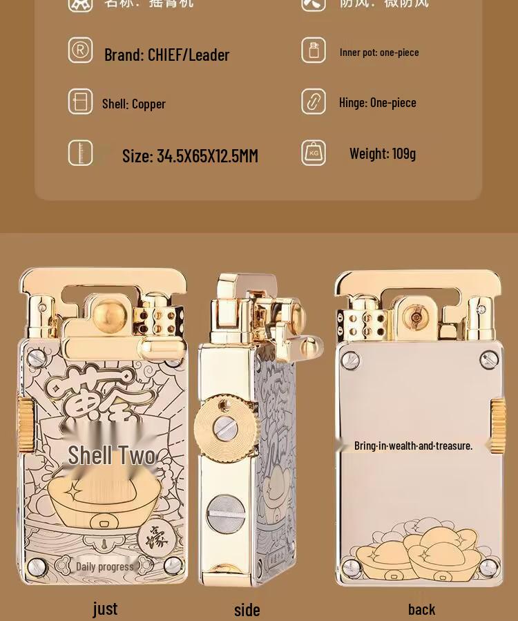 CHIEF CF708 Brass Engraved Windproof Kerosene Lighter with Rocker Ejection Ignition