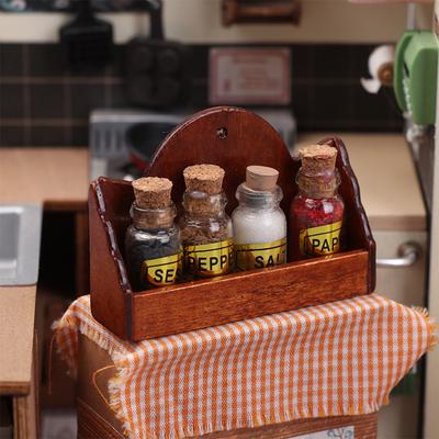 1/12 Dollhouse Mini Spice Bottle Seasoning Rack Wall Shelves Dollhouse Kitchen Furniture Decor Toys Dolls House Accessories