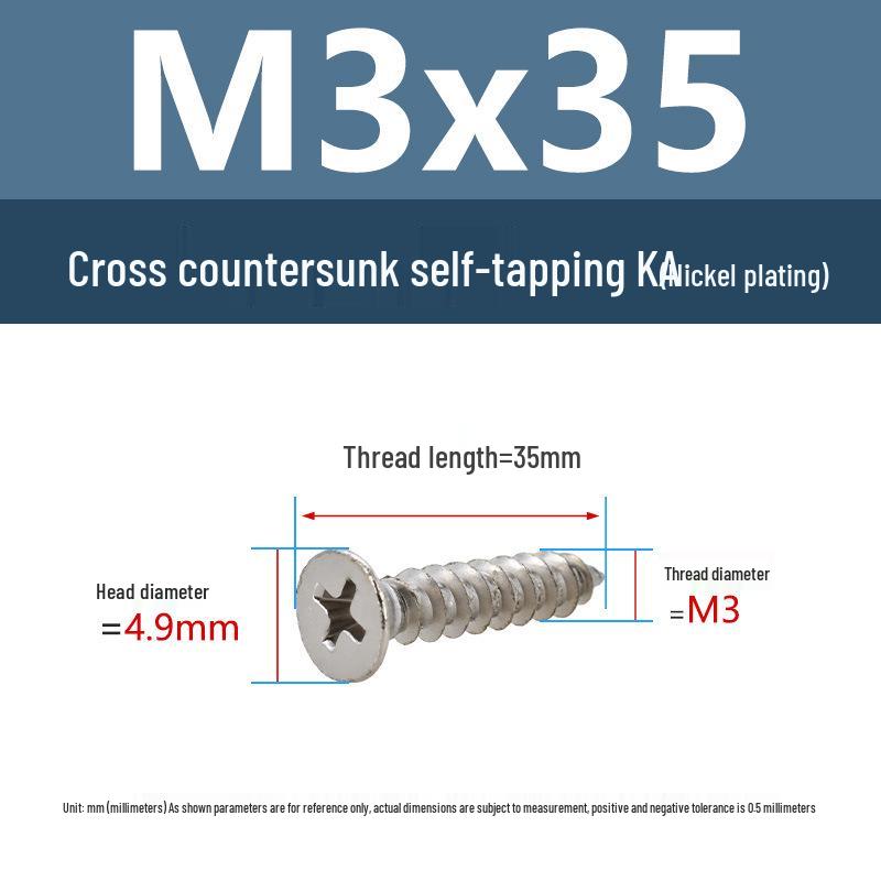 YiguYigu Nickel-Plated Phillips Flat Head Self-Tapping Screws M1-M5, Carbon Steel