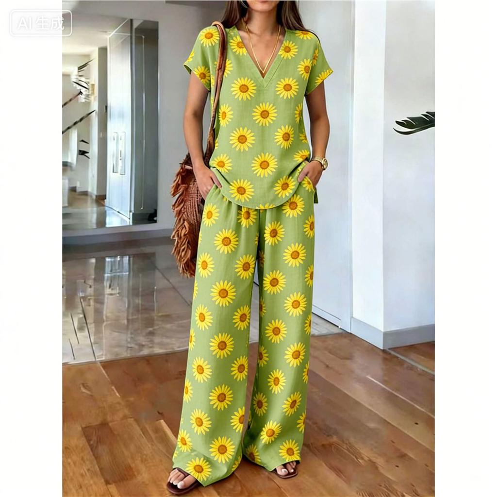 1116 Summer Vintage Print Set Elegant V-Neck Cut, Loose Wide Leg Pants Atmosphere Vacation Two-piece Set Women