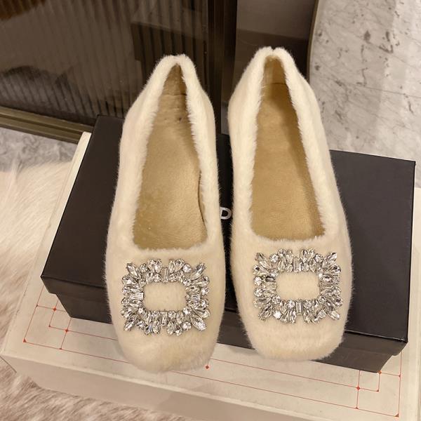 Fashion Winter Shoes Women Autumn Crystal Casual Female Sneakers Elegant Loafers Fur Buckle Flats Fall Boat Rhinestone New Dress