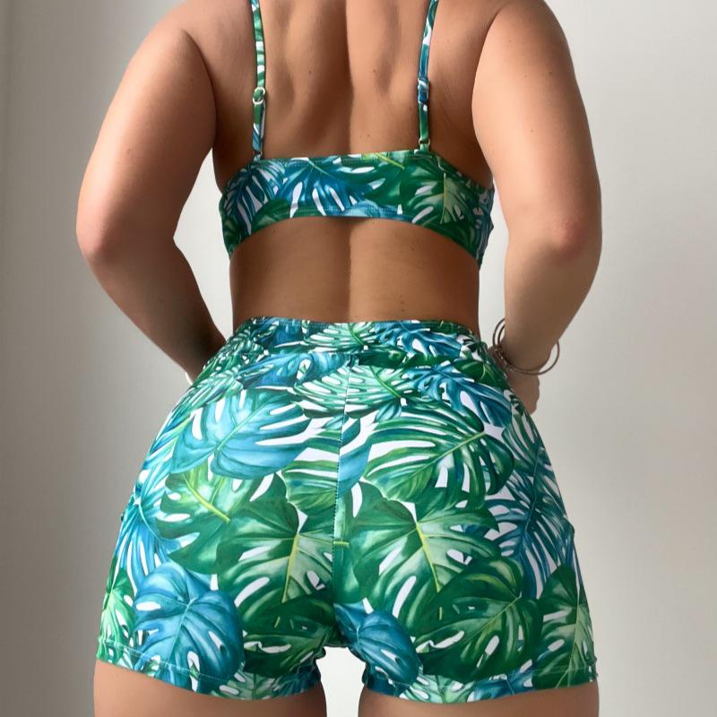 New Tropical Plant Print Bikini Swimsuit Set