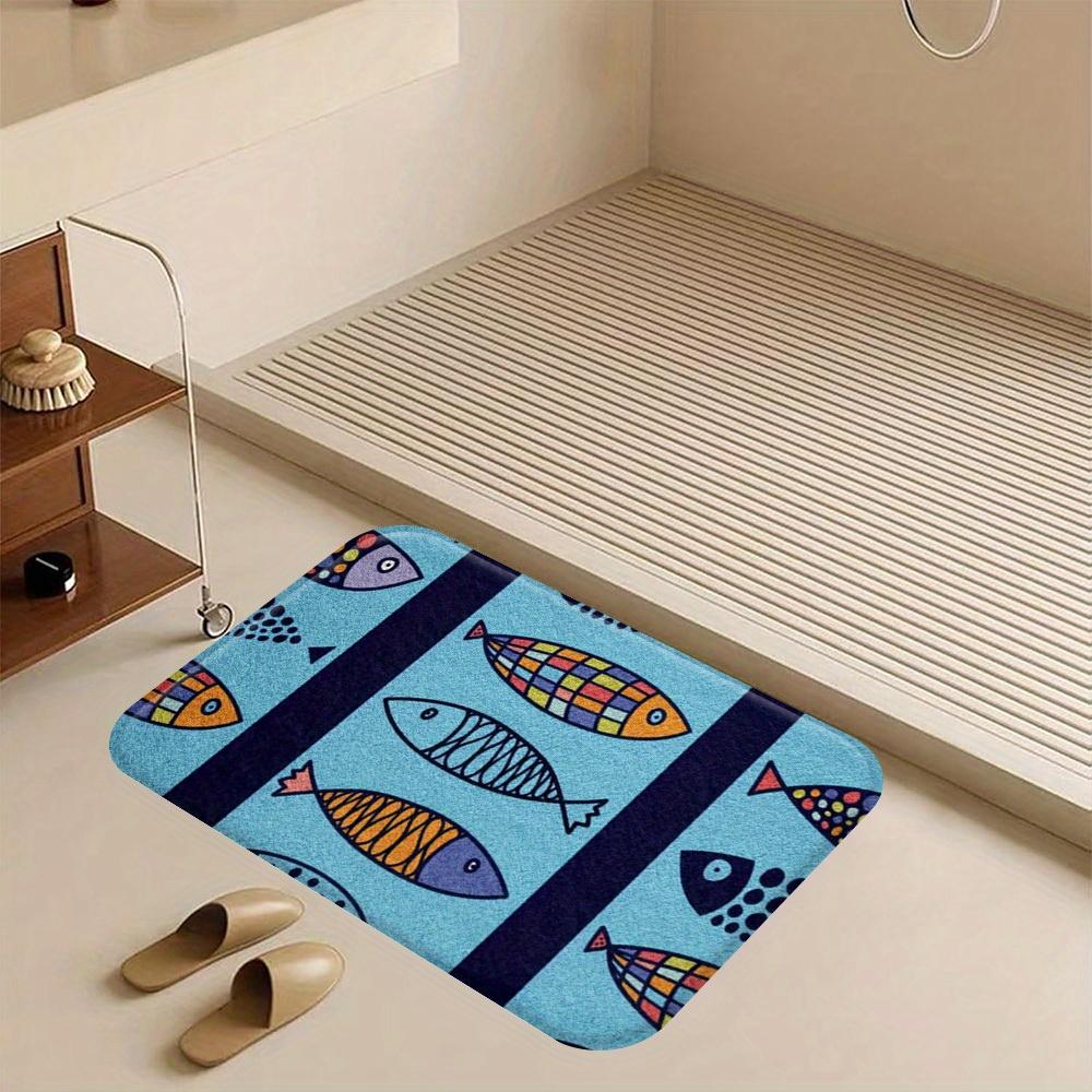 1pc Cartoon Fish Printed Flannel Mat Non-Slip Absorbent Rug for Kitchen Bathroom Bedroom Living Room