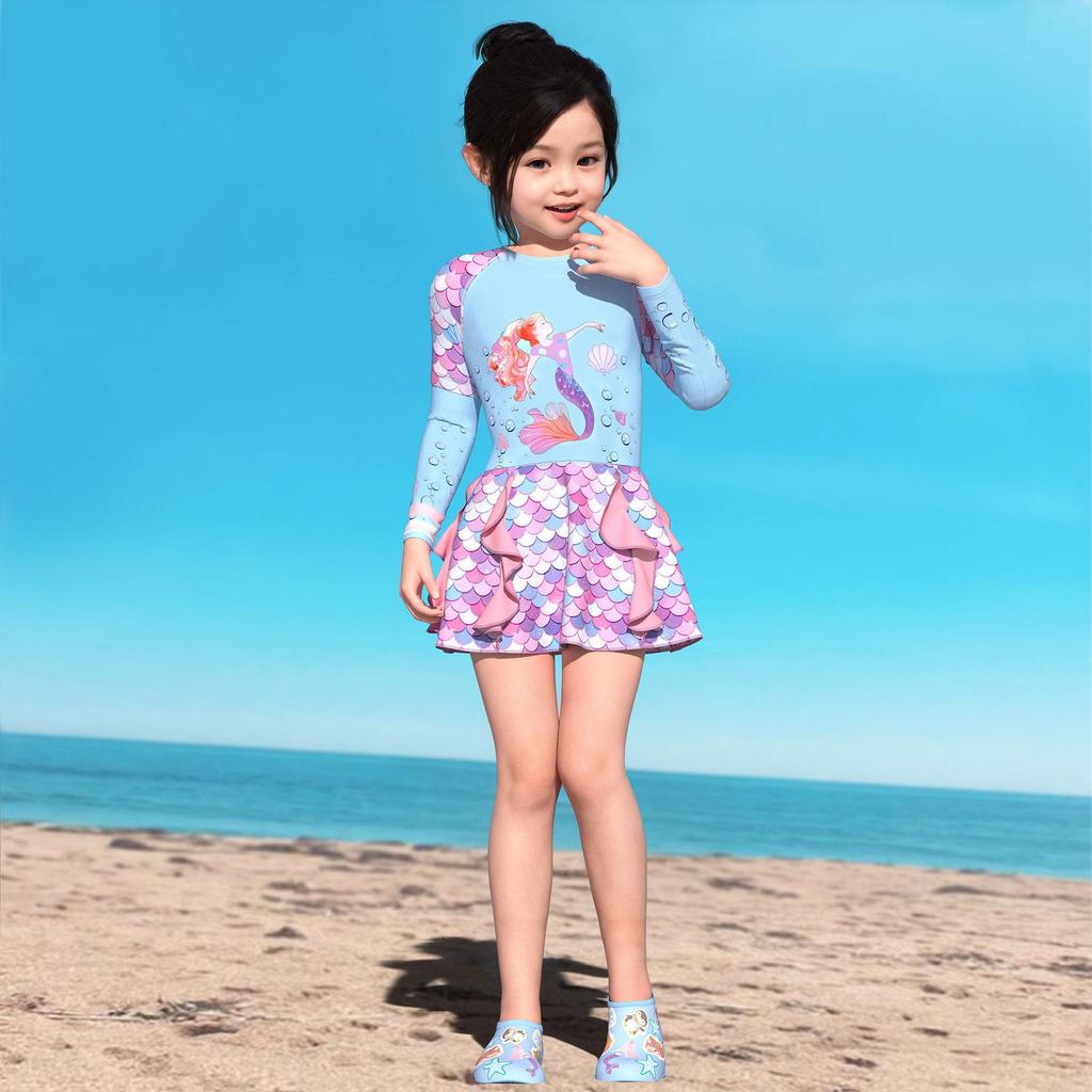 2026 Long Sleeve Girls' One-Piece Swimsuit Skirt Style with CPC Certification for Medium and Large Children