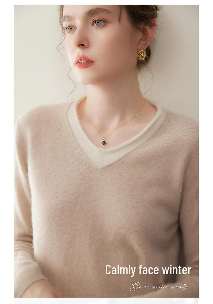 Autumn/Winter 2025 Two-Piece Color Block Cashmere Women's Slimming Knit Pullover