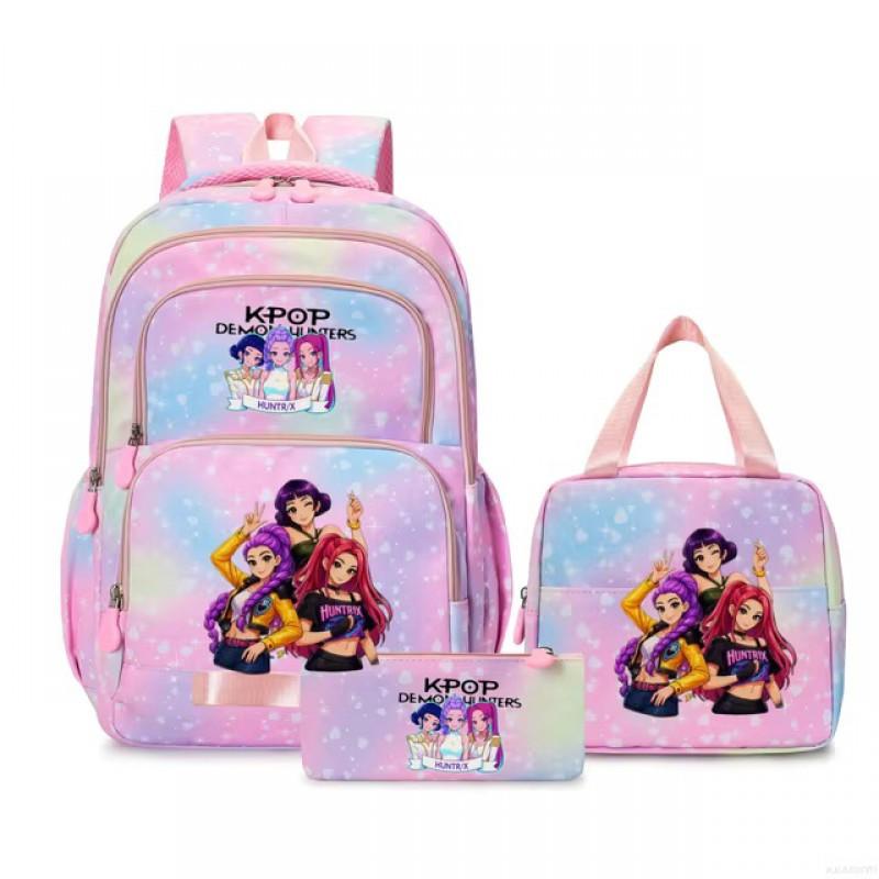 K-Pop Inspired Cartoon School Backpack Set Teen Girls 3pcs Lunch Bag Main Pencil Case Arc Shoulder Straps British Style