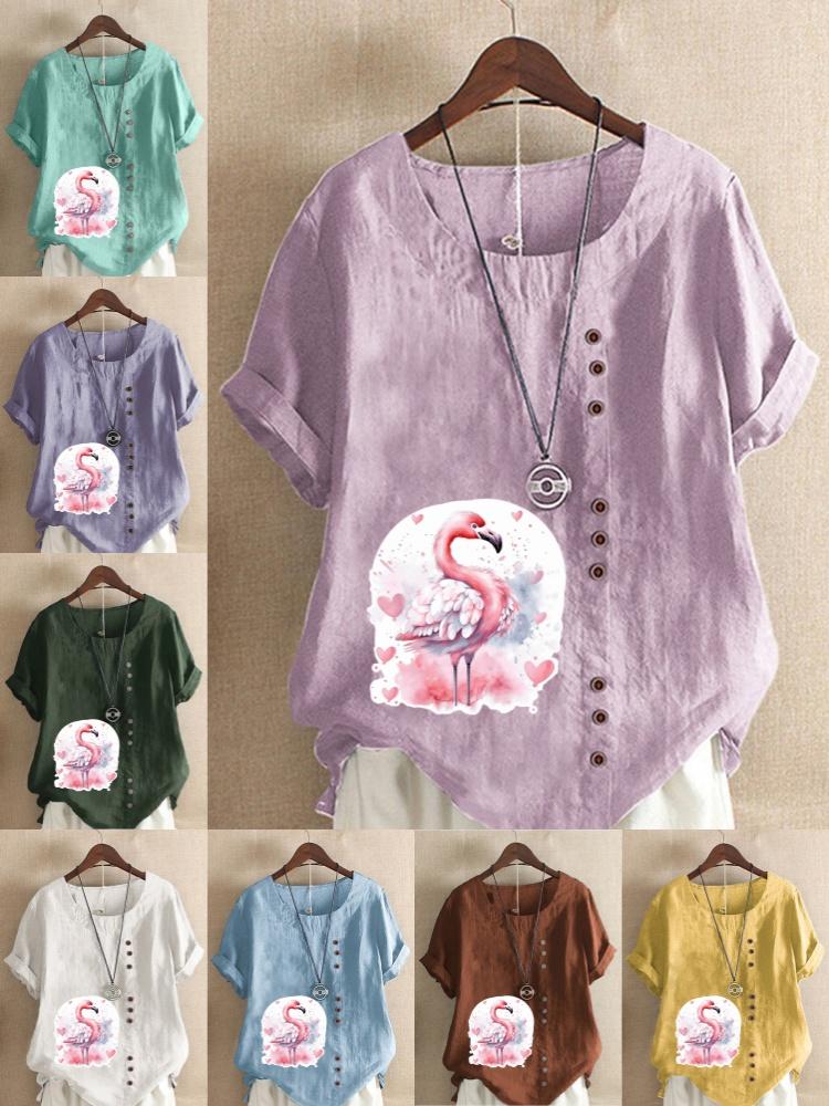 Women's Fashion Love Flame Bird Print Shot Sleeve T-shirt Loose Cotton Shirt Casual Loose Summer Blouse Tops Plus Size