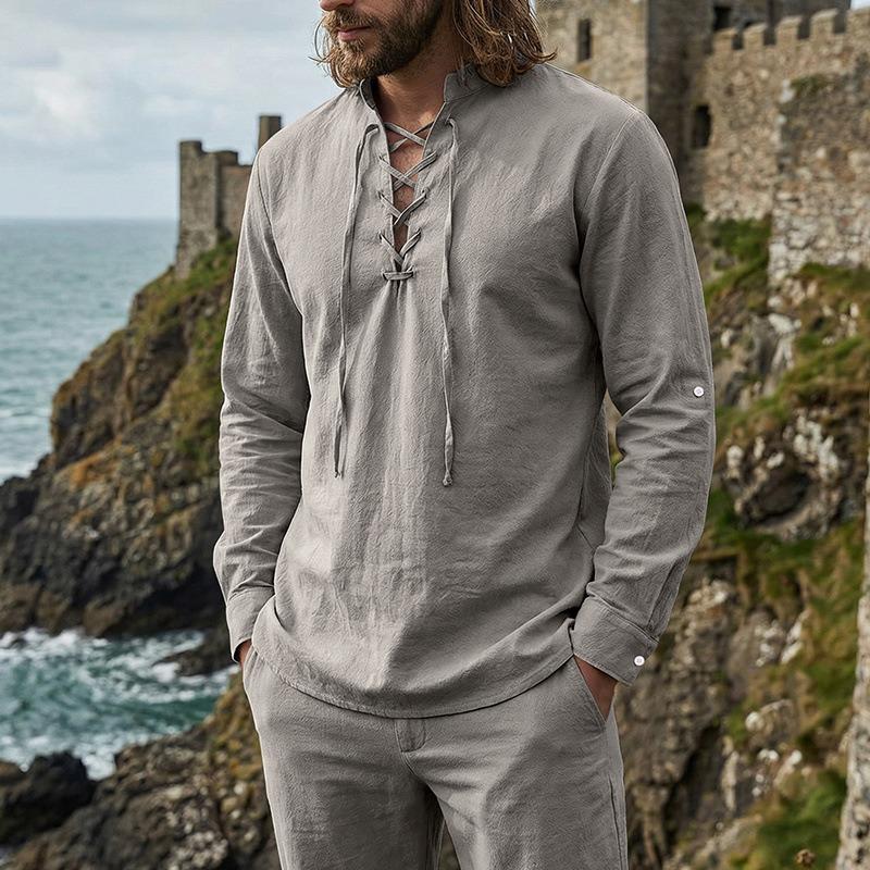 Herren Beachwear Beige Leinen Schnürung V-Ausschnitt Bluse Freizeit