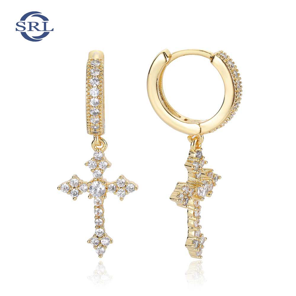 Luxury Cubic Zirconia Huggie Cross Earrings Hip Hop Icy Bling Jewelry Geometric Shape Gift Made Brass 18k