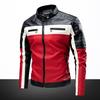 Men Jacket Color Block Slim Windproof Faux Leather Stand Collar Outerwear for Working