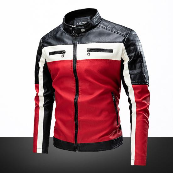 Men Jacket Color Block Slim Windproof Faux Leather Stand Collar Outerwear for Working