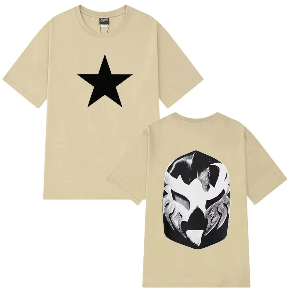 Oversized Black Cotton Casual Streetwear T-Shirt with White Star Print on Front and Lucha Libre Mask Graphic