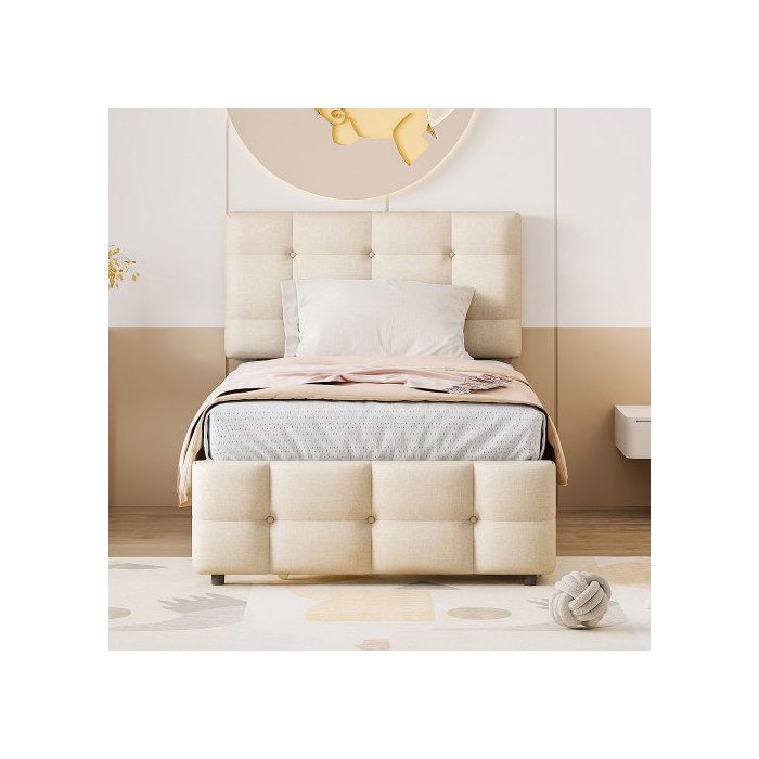 Ausziehbares Kinderbett - MUVOE - 90 x 200 cm - Verstellbares Kopfteil - Leinenstoff - Beige