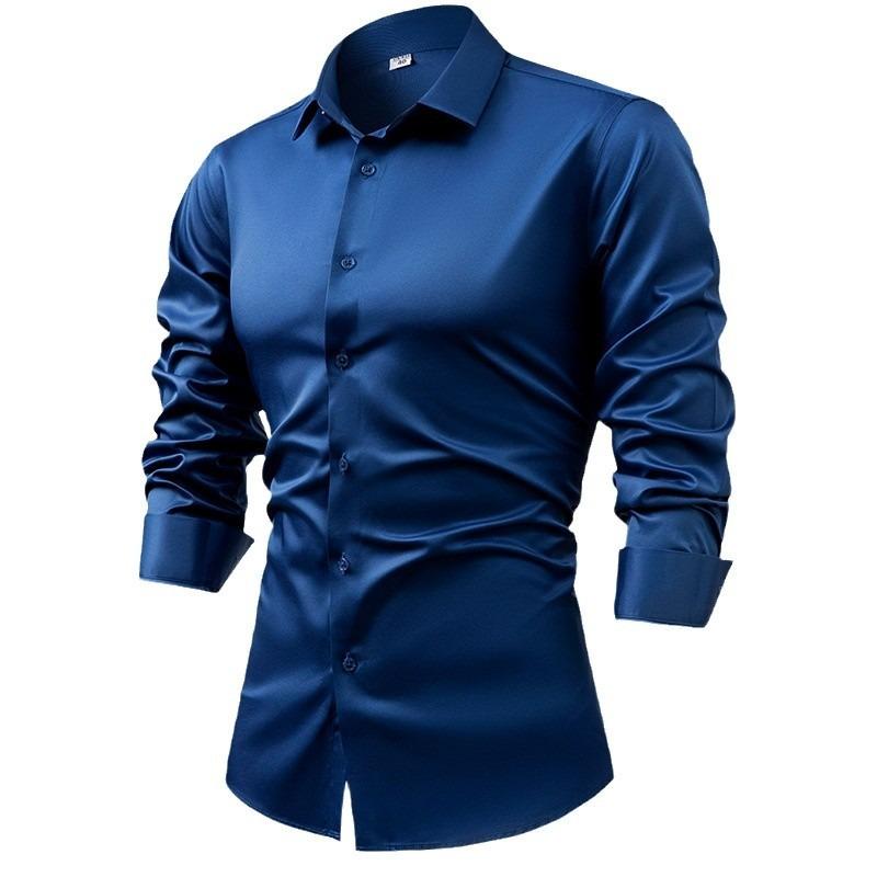 Men's Silk Satin Long Sleeve Button-Up Dress Shirt, Non-Iron Wrinkle-Resistant Business Casual Formal Top